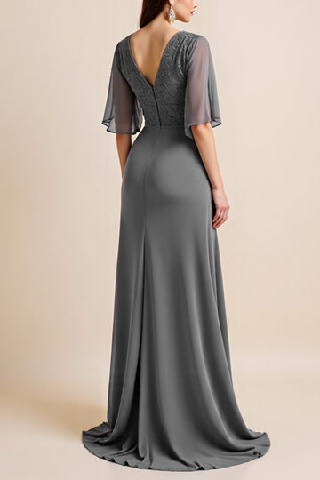 Steel Grey Corset V Neck Long Mother Of The Bride Dress with Half Sleeves